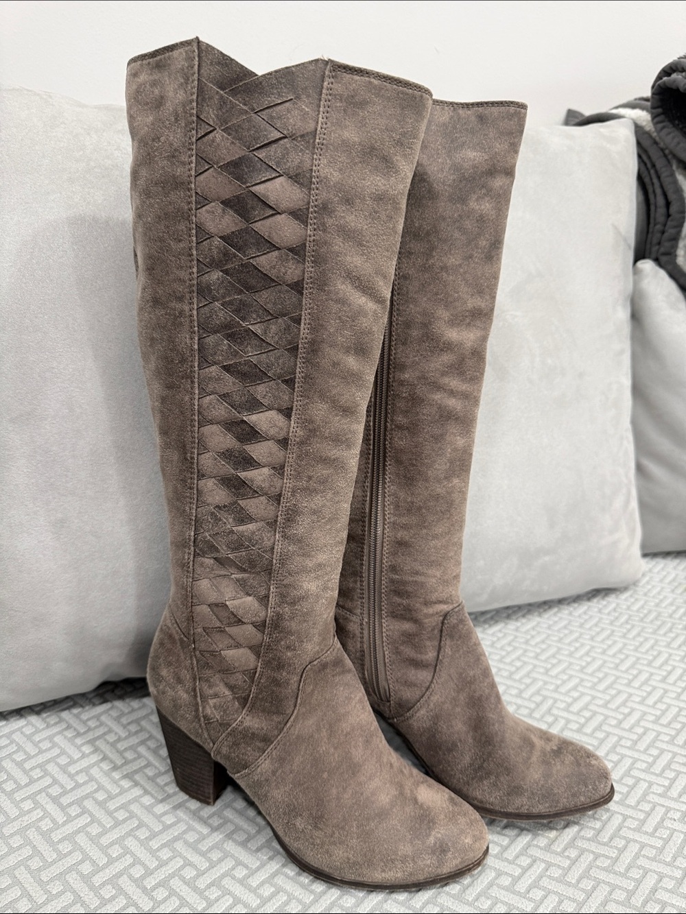 Fergalicious Taupe Suede Over-the-Knee Woven-Panel Boots Size 7.5